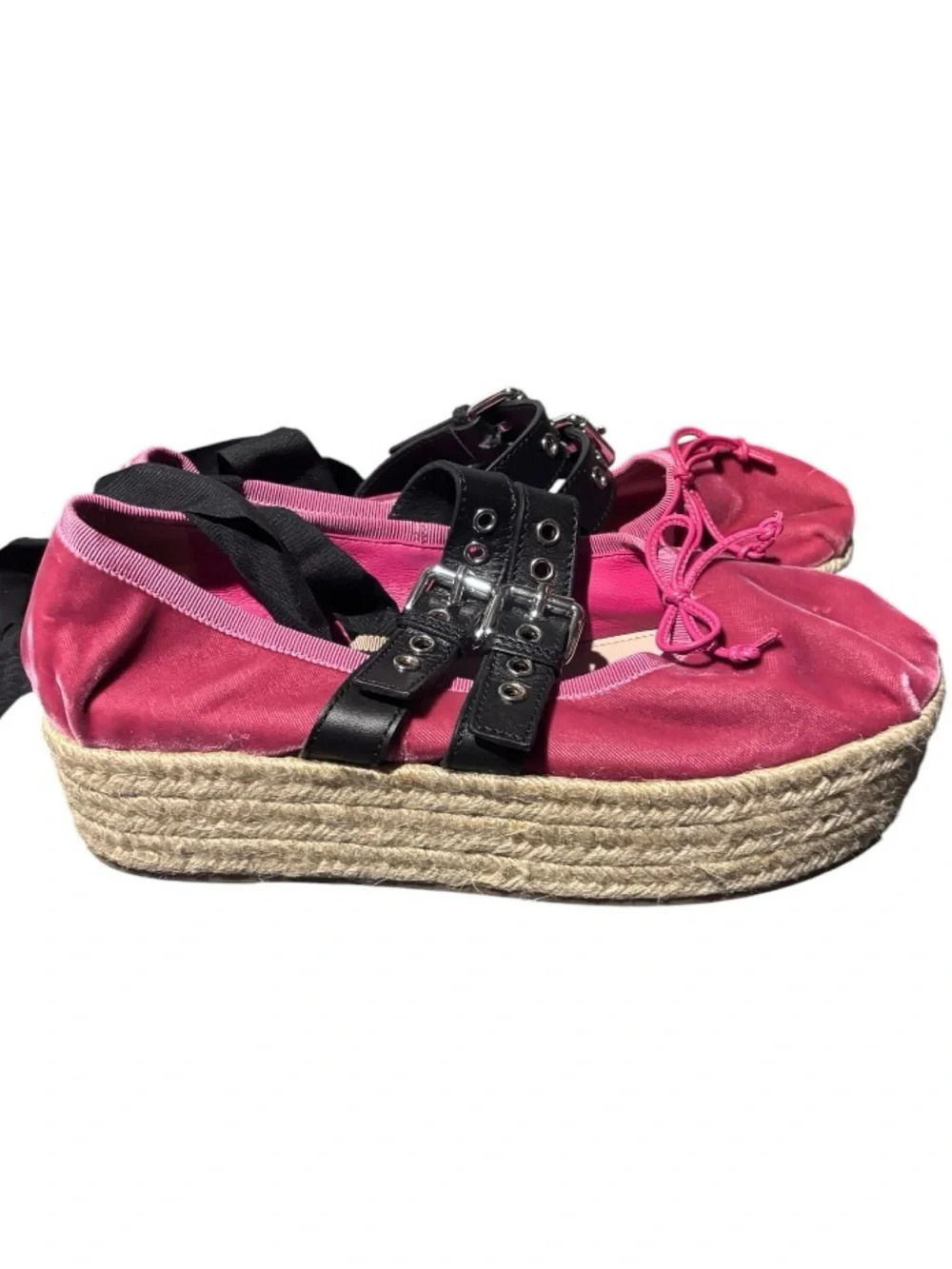 Miu Miu Pink Velvet Platform Double Buckle Espadrille Ballet Shoes